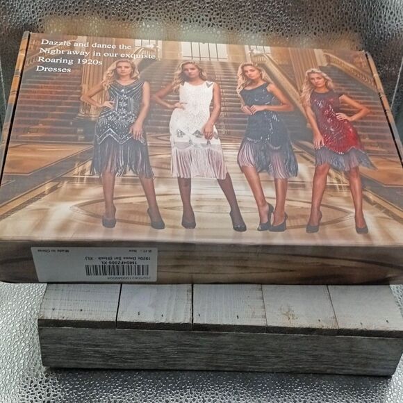 Sequin Dress 1920s Sequin Beaded V Neck Fringed Dress & 20s Accessories Set Lg - Picture 4 of 4